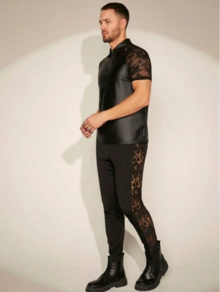 Men's Patchwork Lace Short Sleeve T - Shirts